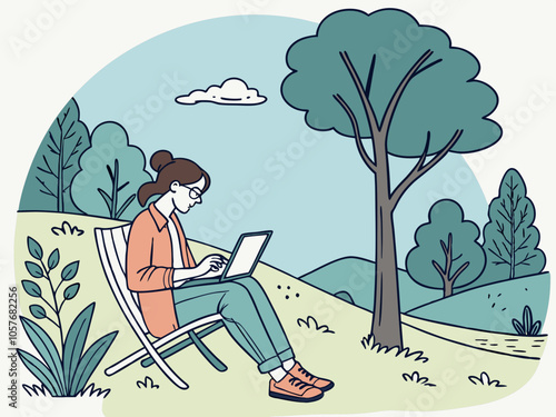 Vector illustration of a girl sitting on a chair with a laptop in a landscape style 