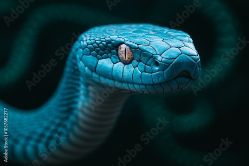 A close-up of a vibrant turquoise snake with intricate scales.