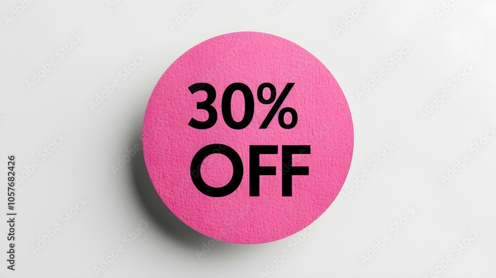 Black '30% OFF' Text on a Magenta Round Paper Note. White Background with Copy Space Black '30% OFF' Text on a Magenta Round Paper Note. White Background with Copy Space