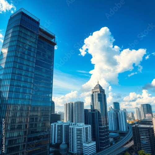 Aerial view of bangkok modern office buildings and condominium in bangkok city downtown with blue sky and clouds at bangkok thailand bts skytrain Condominium   photo