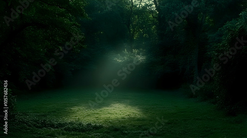 A single ray of sunlight pierces through the dense canopy of a forest, illuminating a clearing in the green grass.