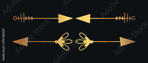 Set of decorative golden partitions in the form of arrows. Vector on black background 