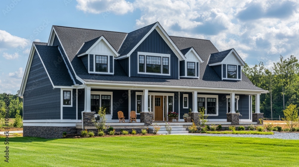 Obraz premium A large house with a blue roof and white trim