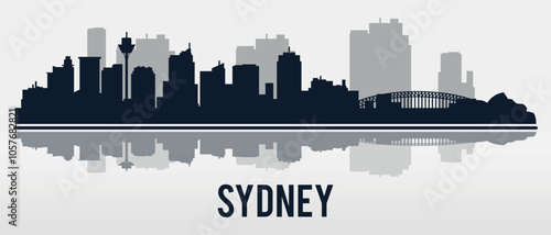Silhouette of Sydney city skyline with reflection in the water. Vector on gray background