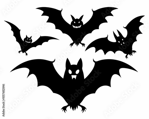  Black vector illustration set of Halloween bat silhouettes on white background