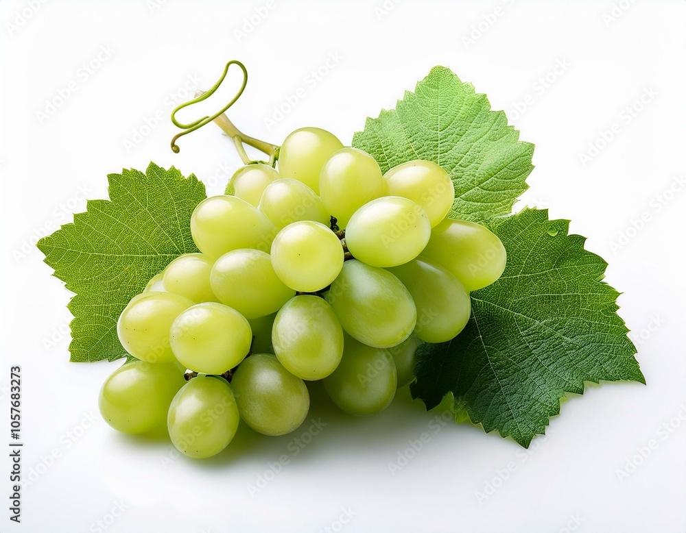 Obraz premium Isolated green grape bunch with leaves, shot on white, highlighting freshness and appeal for food and beverage advertisements