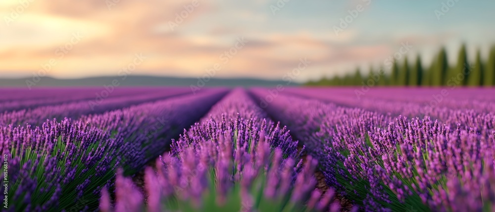 Fototapeta premium Lavender fields stretching out to the distant horizon under a soft hazy evening sky in shades of violet and indigo This serene pastoral landscape creates a sense of tranquility and escapism