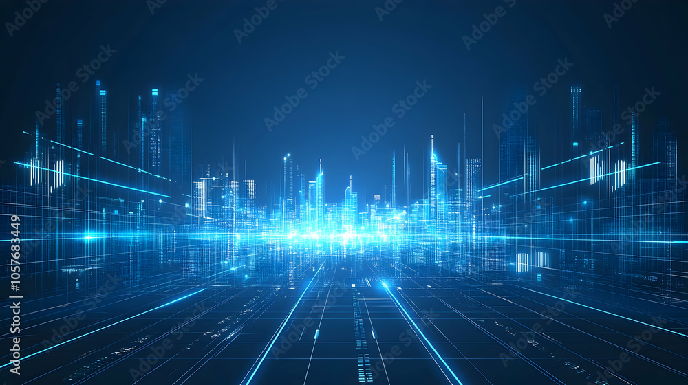 Abstract futuristic city skyline with glowing lines and data. Abstract futuristic city skyline with glowing lines and data.