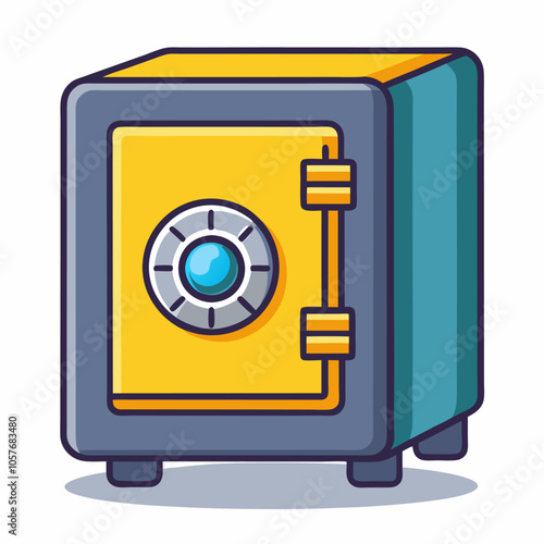 A cartoon illustration of a yellow safe with a combination lock and a blue jewel in the center. This whimsical safe design is perfect for adding a touch of fun to your projects.