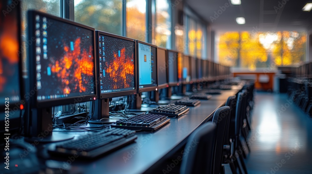 A computer lab with rows of computers and monitors, representing the integration of technology into modern education and the digital learning A computer lab with rows of computers and monitors, representing the integration of technology into modern education and the digital learning