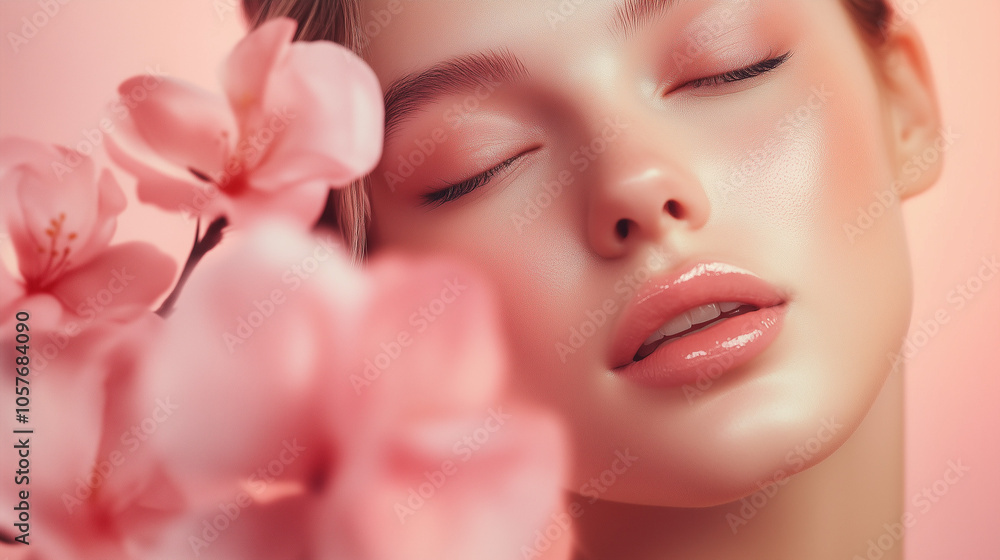 Soft beauty portrait of a woman with pink flowers, Elegant natural glow with floral aesthetic. Cosmetics photo, beauty industry advertising photo. Soft beauty portrait of a woman with pink flowers, Elegant natural glow with floral aesthetic. Cosmetics photo, beauty industry advertising photo.
