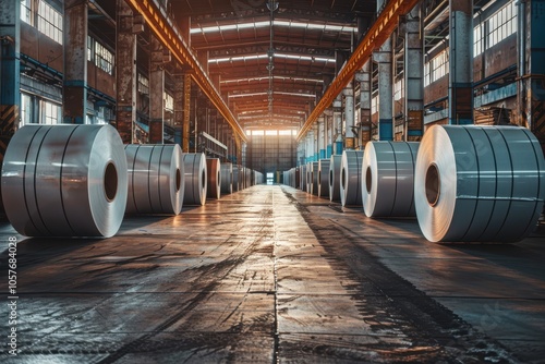 Large rolls of sheet metal are stored inside a spacious industrial warehouse, creating an impressive display of manufacturing potential