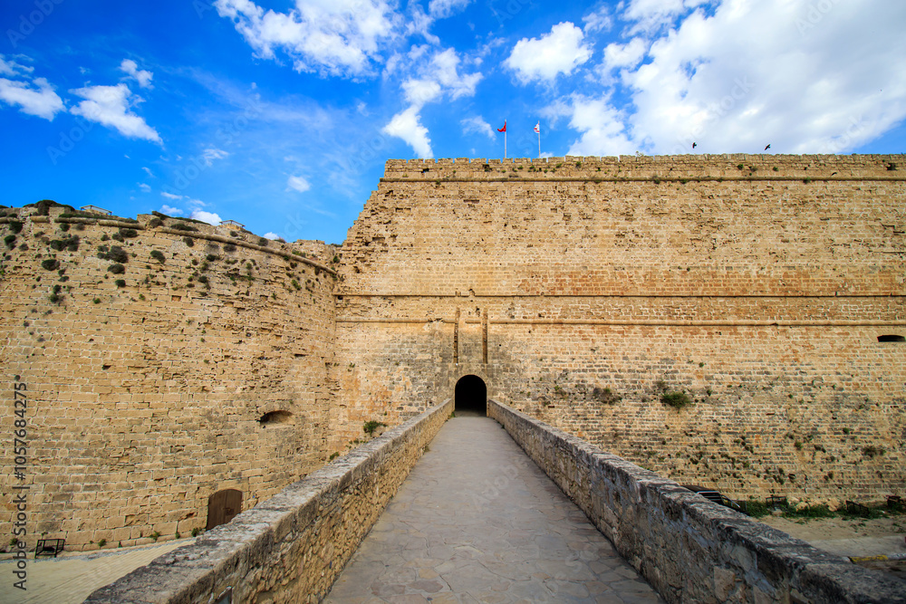 view of  bridge and stone walls historical  kyrenia (girne) castle cyprus