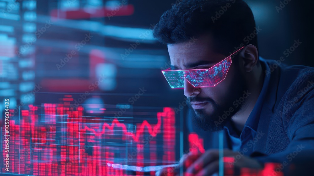 A financial advisor studying a holographic portfolio affected by inflation, AIaugmented display, soft lighting, photorealism style