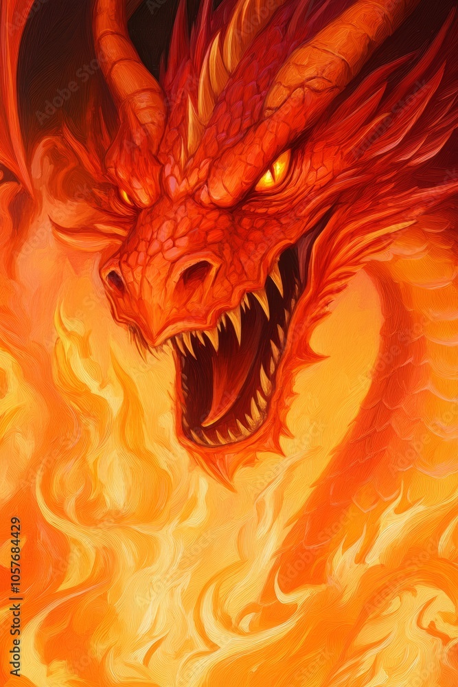A close-up portrait of a red dragon with flames erupting behind it. A close-up portrait of a red dragon with flames erupting behind it.