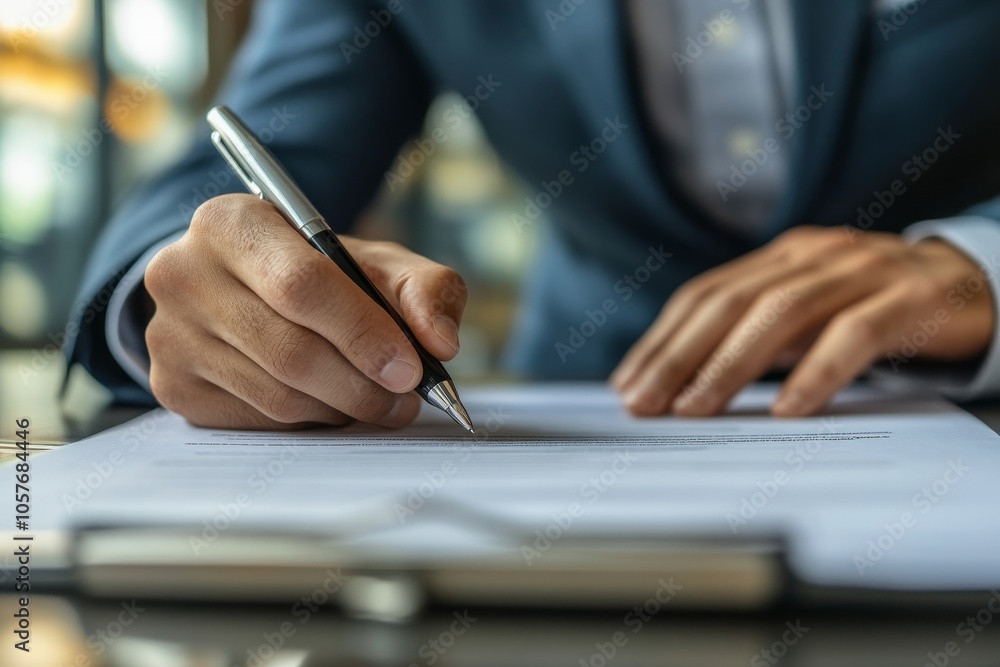 businessman sitting at desk holds pen signing contract paper, lease mortgage, employment hr or affirm partnership, Generative AI businessman sitting at desk holds pen signing contract paper, lease mortgage, employment hr or affirm partnership, Generative AI