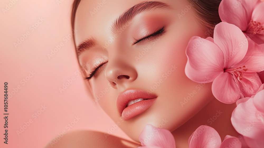 Soft beauty portrait of a woman with pink flowers, Elegant natural glow with floral aesthetic. Cosmetics photo, beauty industry advertising photo. Soft beauty portrait of a woman with pink flowers, Elegant natural glow with floral aesthetic. Cosmetics photo, beauty industry advertising photo.
