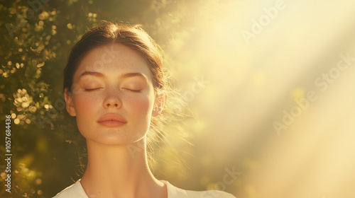 Calm Caucasian Woman in Nature Surrounded by Trees and Sunlight