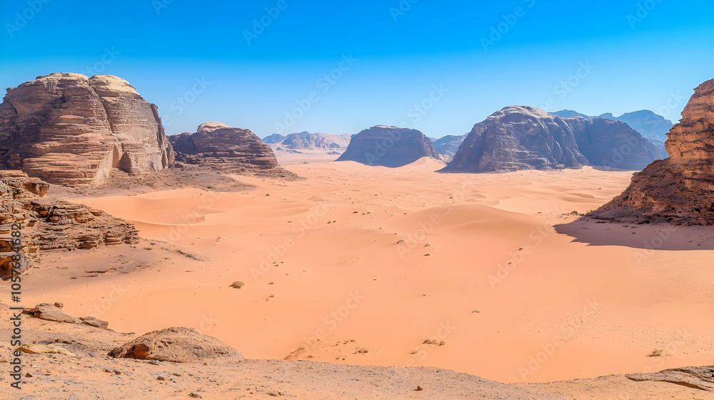 Panoramic view of a vast desert landscape with rocky formations under a clear blue sky. Panoramic view of a vast desert landscape with rocky formations under a clear blue sky.