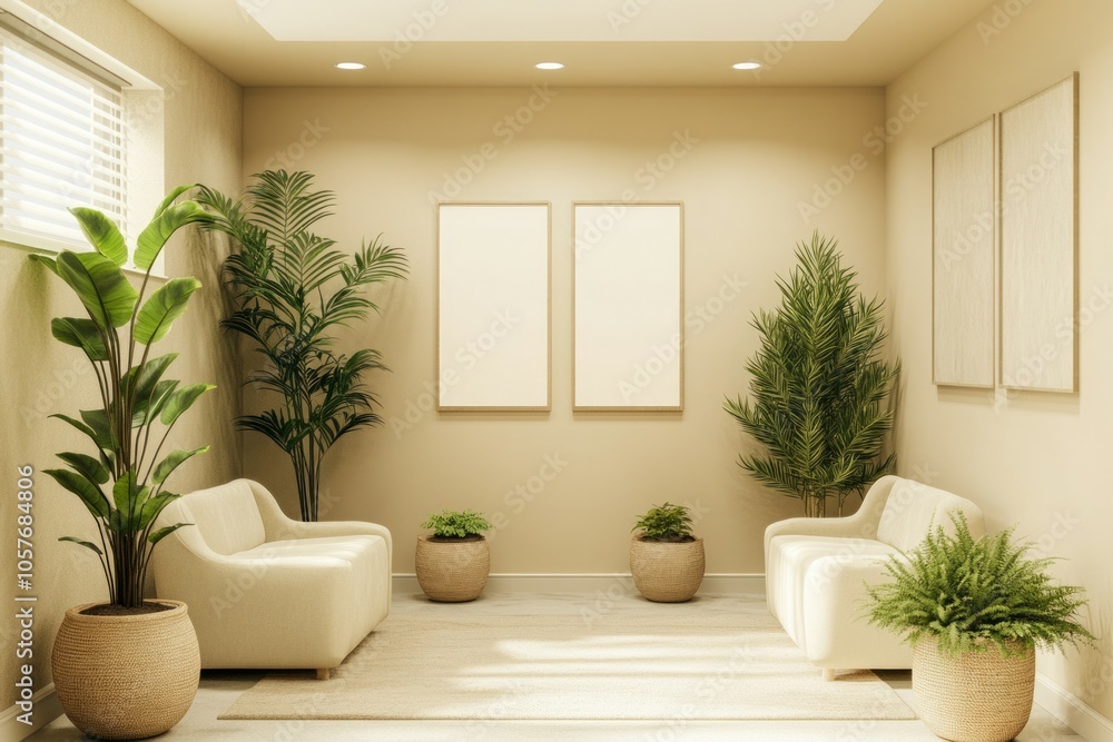 Fototapeta premium mockup, wide horizontal portrait frame in living room beige background