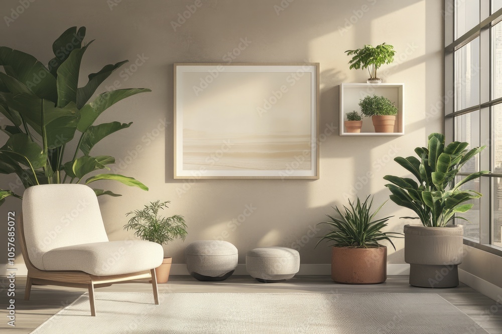 Fototapeta premium mockup, wide horizontal portrait frame in living room beige background
