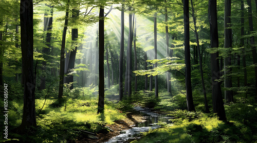 Sunbeams illuminate a lush green forest path with a small stream.