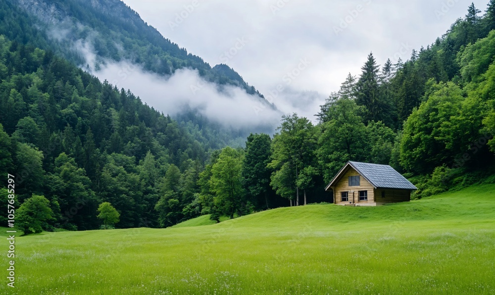 A serene landscape featuring a cabin surrounded by lush greenery. A serene landscape featuring a cabin surrounded by lush greenery.