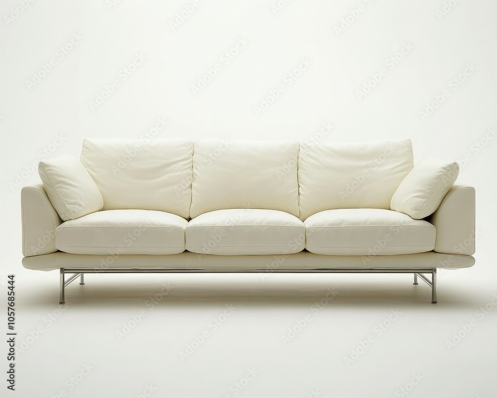 Fototapeta premium Modern sofa, side view, three seat cushions, white background