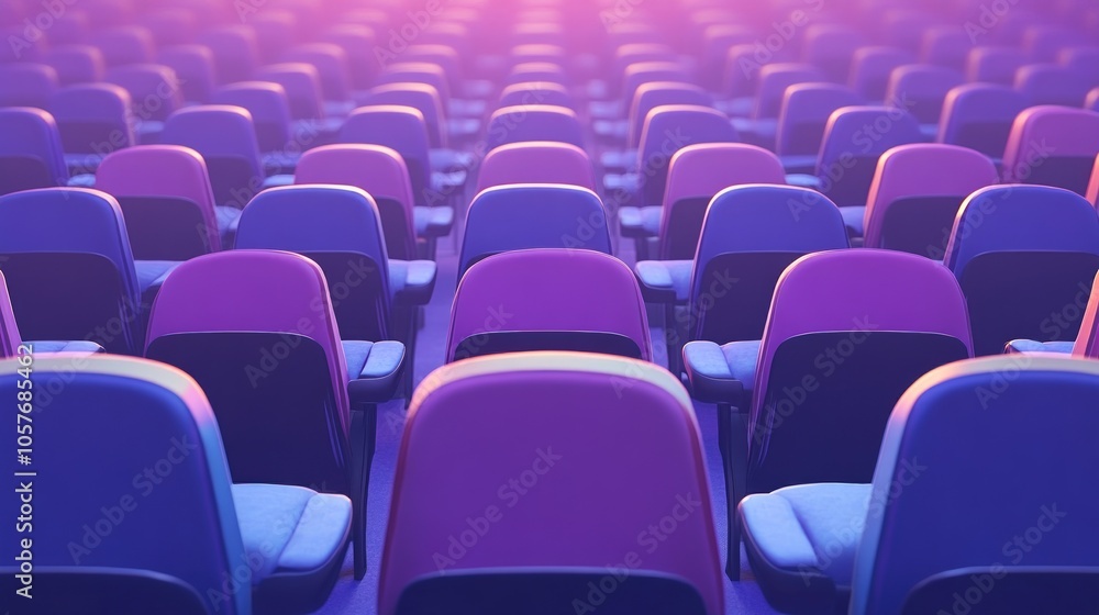 Fototapeta premium Empty rows of purple and blue seats in an auditorium, lit by a soft, pink glow.
