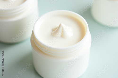 an open jar of skin moisturizer top view, side view, close up