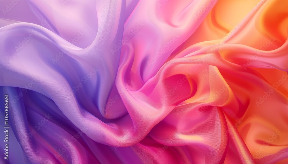 Obraz premium Colorful Silk Fabric Drapes Wallpaper. Purple and Orange Flowing Banner
