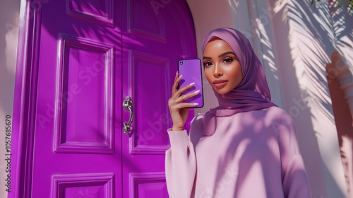 Elegant Woman in Purple Hijab Capturing Moment on Smartphone