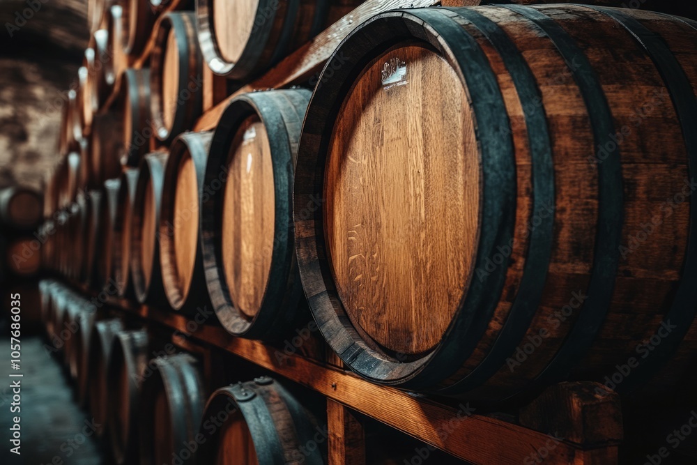 Oak wine barrels in old dark wine Oak wine barrels in old dark wine