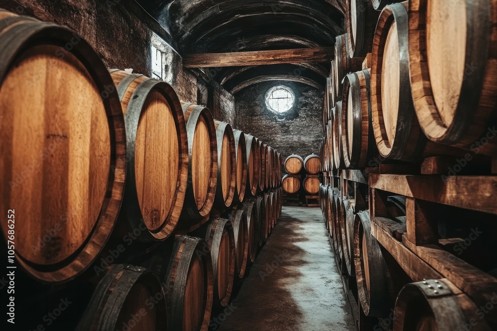 Oak wine barrels in old dark wine Oak wine barrels in old dark wine
