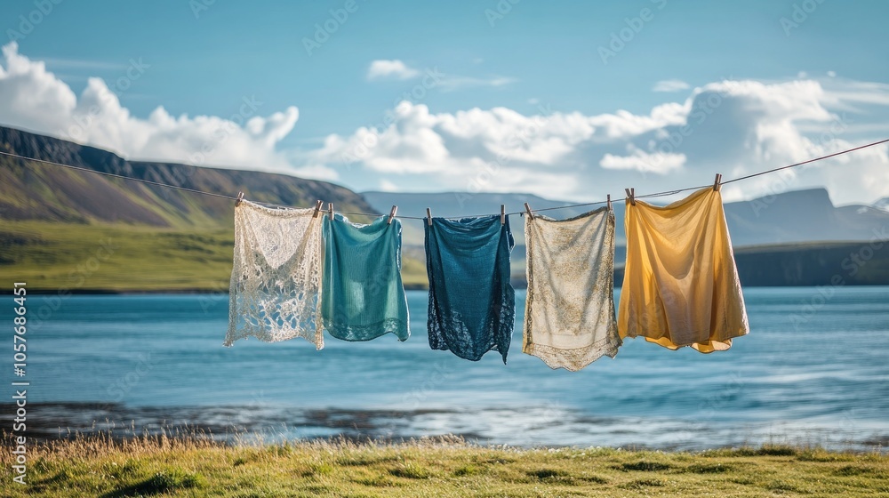 Laundry hanging on a line with a view of Skagafjordur fjord, combining rustic charm with beautiful coastal scenery. Laundry hanging on a line with a view of Skagafjordur fjord, combining rustic charm with beautiful coastal scenery.