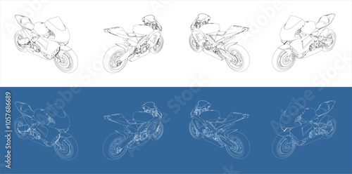Vector Moto GP Grand Prix motorcycle racing motor from various positions line blueprint technical drawing isolated on transparent background