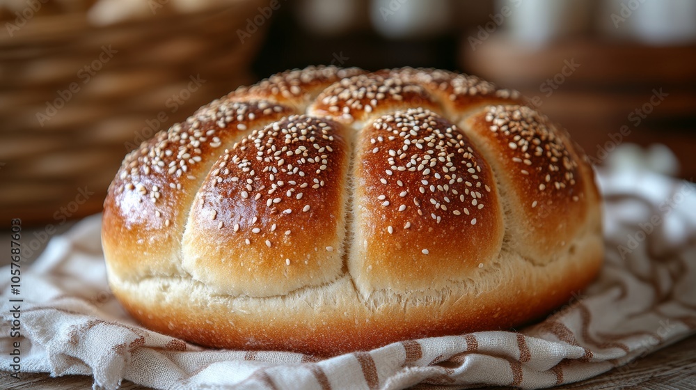 Round loaf of bread decorated with sesame seeds resting on a cloth Round loaf of bread decorated with sesame seeds resting on a cloth