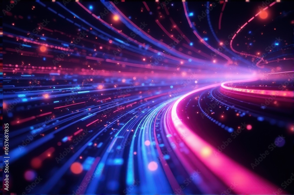 Obraz premium Futuristic abstract background with fast-moving golden, pink, and blue neon waves and glowing bokeh lights, symbolizing data transfer. Ideal for a vibrant, imaginative backdrop