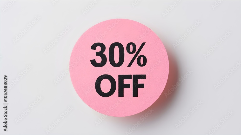 Black '30% OFF' Text on a Pink Round Paper Note. White Background with Copy Space Black '30% OFF' Text on a Pink Round Paper Note. White Background with Copy Space