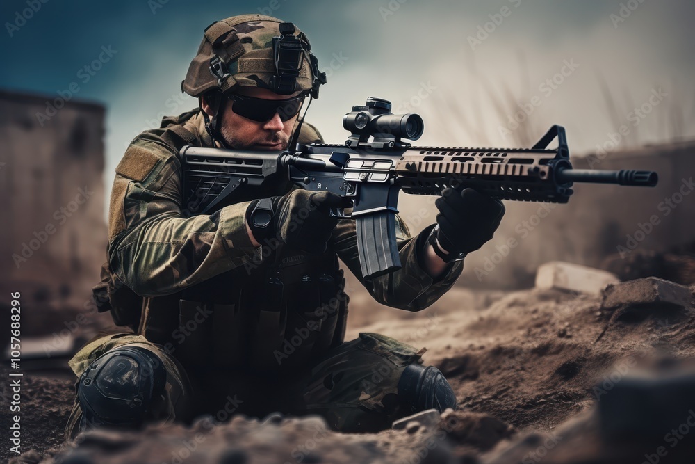Soldier kneeling and aiming with assault rifle in war zone Soldier kneeling and aiming with assault rifle in war zone