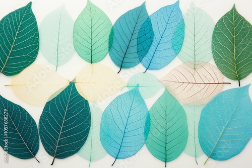 A collection of translucent leaves in various shades of green and blue.