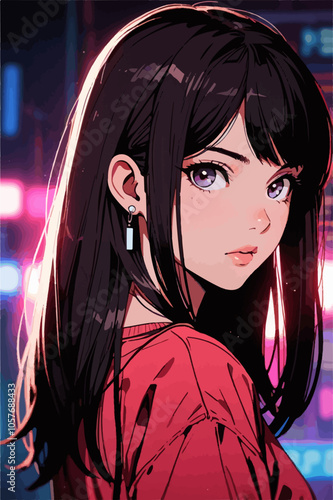 Stylish young woman with long dark hair and purple eyes, turning her head slightly in a vibrant urban setting