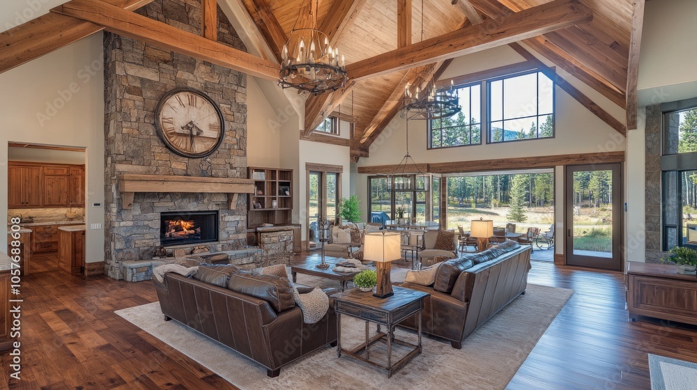 A large living room with a fireplace, a clock, and a lot of furniture A large living room with a fireplace, a clock, and a lot of furniture