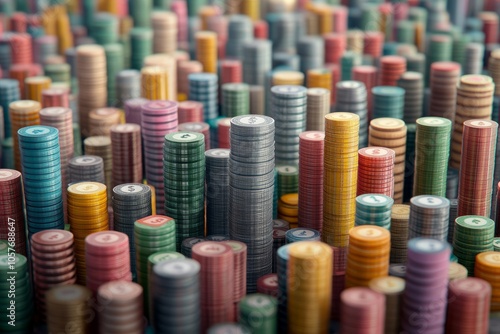 A colorful abstract background of stacked poker chips forming a city skyline. photo