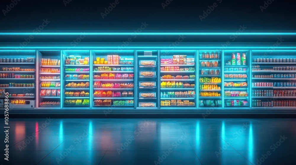 An abandoned grocery store with holographic shelves full of food, futuristic, eerie lighting, neon blue tones, detailed background An abandoned grocery store with holographic shelves full of food, futuristic, eerie lighting, neon blue tones, detailed background