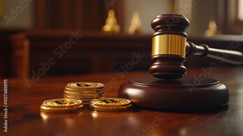 A gavel rests on a block with a pile of gold coins in front, in a courtroom setting.