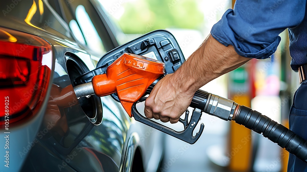 Pumping Gas: A close-up shot of a man pumping gasoline into a car at a gas station. Pumping Gas: A close-up shot of a man pumping gasoline into a car at a gas station.