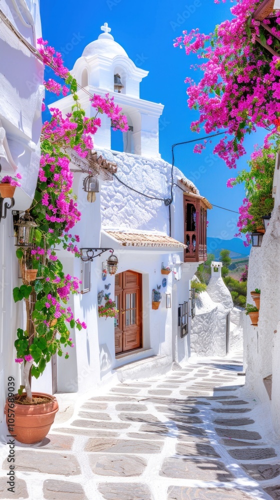 Fototapeta premium Charming whitewashed village with bell tower and vibrant bougainvillea in Spain