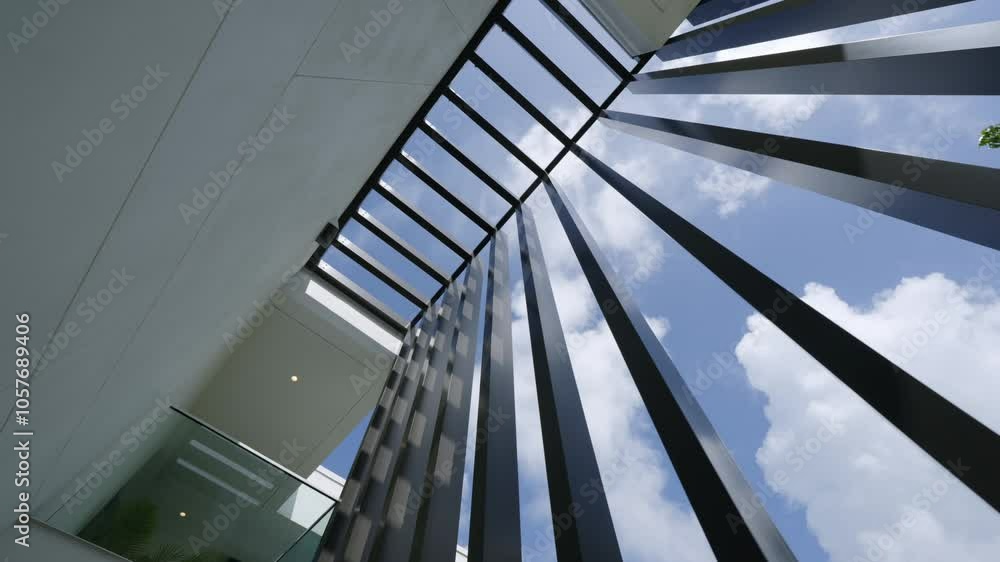 Modern balcony view on sunny sky with clouds background. Modern high-rise apartment building, metal lines minimalistic design. Camera moving Modern balcony view on sunny sky with clouds background. Modern high-rise apartment building, metal lines minimalistic design. Camera moving