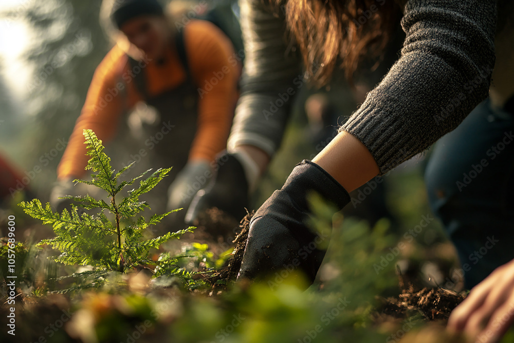 image of volunteers planting trees in forest, close-up image of volunteers planting trees in forest, close-up